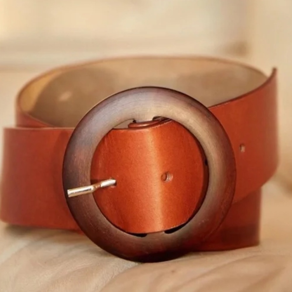 Sezane Yves Brown Leather Belt with Round Wooden Buckle Size 90